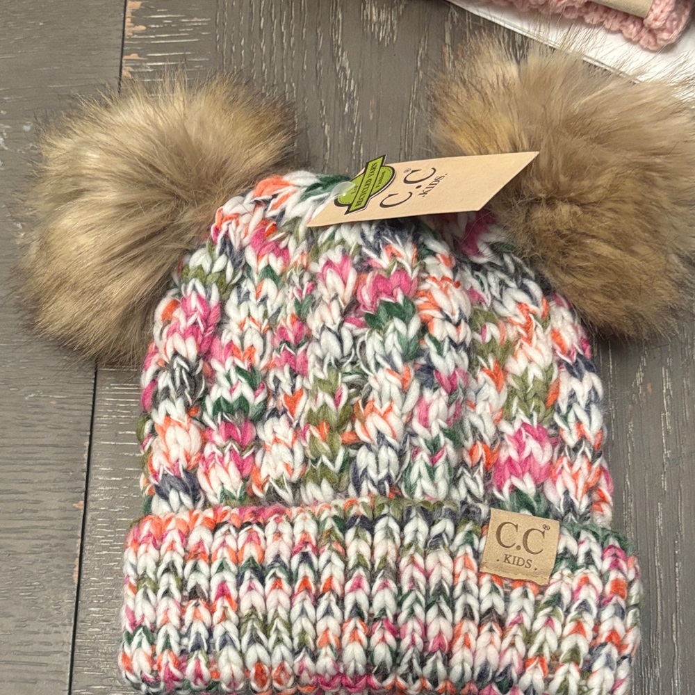 CC Kids Multicolor Knit Beanie with Pom Poms